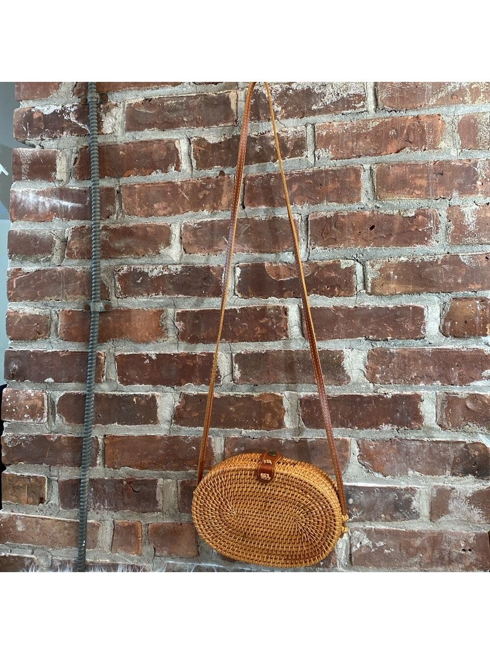 Oval Woven Rattan Bag with Long Leather Strap - Picture 11 of 16